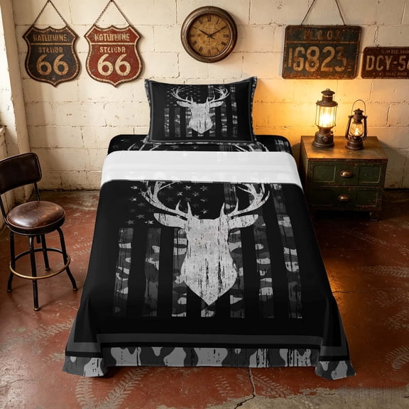 Manfei Hunting Deer Silhouette Twin Sheets, Camo American Flag Bedding, Charcoal, Black Reversible 3pcs (1 Flat Sheet, 1 Fitted Sheet and 1 Pillowcase)