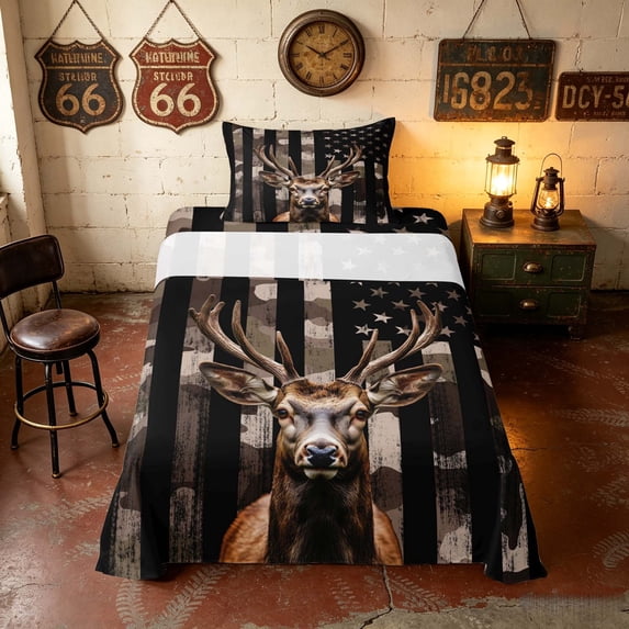 Manfei Hunting Deer Twin Sheets, Camo Flag Bedding, Black Brown, Black Reversible 3-Piece (1 Flat Sheet, 1 Fitted Sheet and 1 Pillowcase)