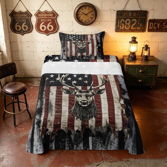 Manfei Hunting Deer Twin Sheets, Camo Flag Bedding, Red White Black, Black Reversible 3pcs (1 Flat Sheet, 1 Fitted Sheet and 1 Pillowcase)