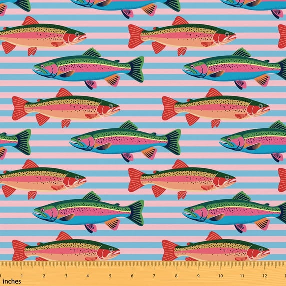 Manfei Hunting Fish Fabric by the Yard 1 Yard, Geometric Stripe Home Decor Fabric by the Yard, Sky Blue
