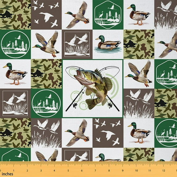 Manfei Hunting Fish Sewing & Crafting Fabric (5 Yards), Mallard Duck Home Decor Fabric by the Yard, Rustic Farmhouse Buffalo DIY Fabric
