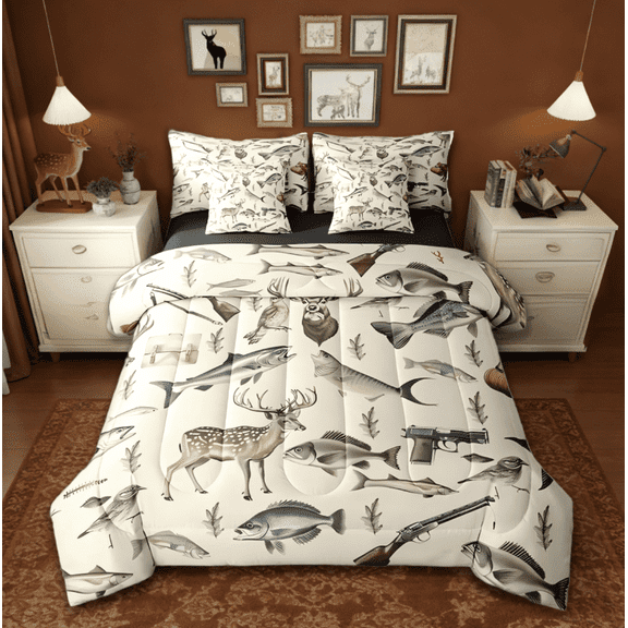 Manfei Hunting And Fishing 7-Piece Twin Bedding Sets,Deer Hunting Big Bass Pike Fish Bedding Comforter Set,Rustic Cabin Lake House Bedroom Room Decor Reversible