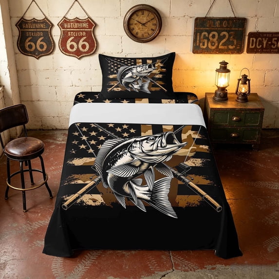 Manfei Hunting and Fishing Bass Fish Twin Sheets, Vintage USA Flag Bedding, Black Brown Beige, Black Reversible 3-Piece (1 Flat Sheet, 1 Fitted Sheet and 1 Pillowcase)