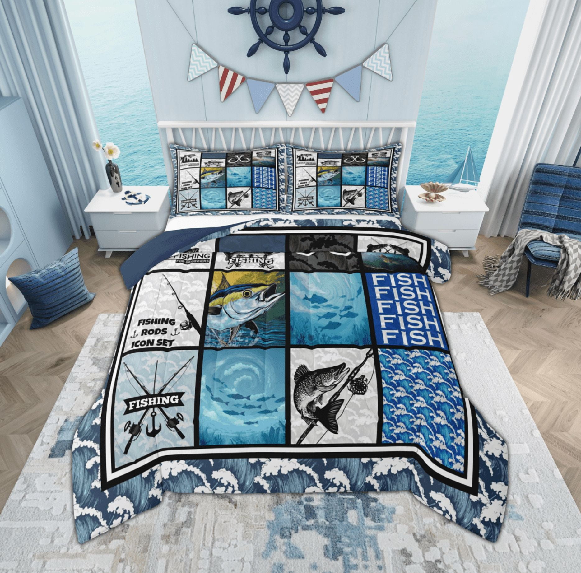 Manfei Hunting and Fishing Bedding Comforter Set for Kids, Rustic 