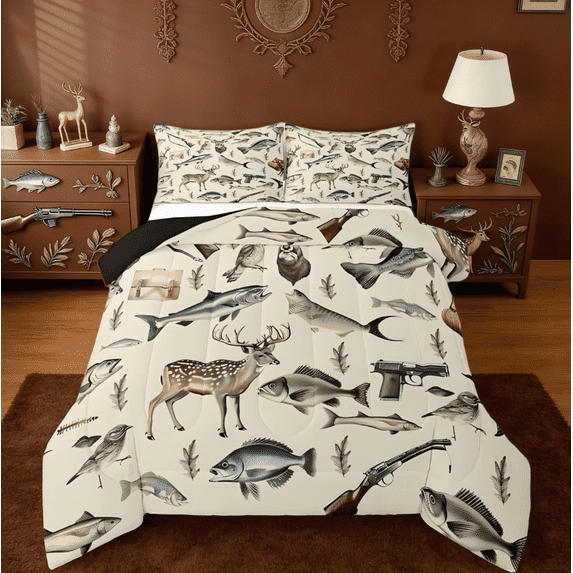 Manfei Hunting And Fishing Full Size Comforter Sets,Deer Hunting Big Bass Pike Fish Bedding Sets,Rustic Cabin Lake House Bedroom Room Decor Reversible 3 Pieces