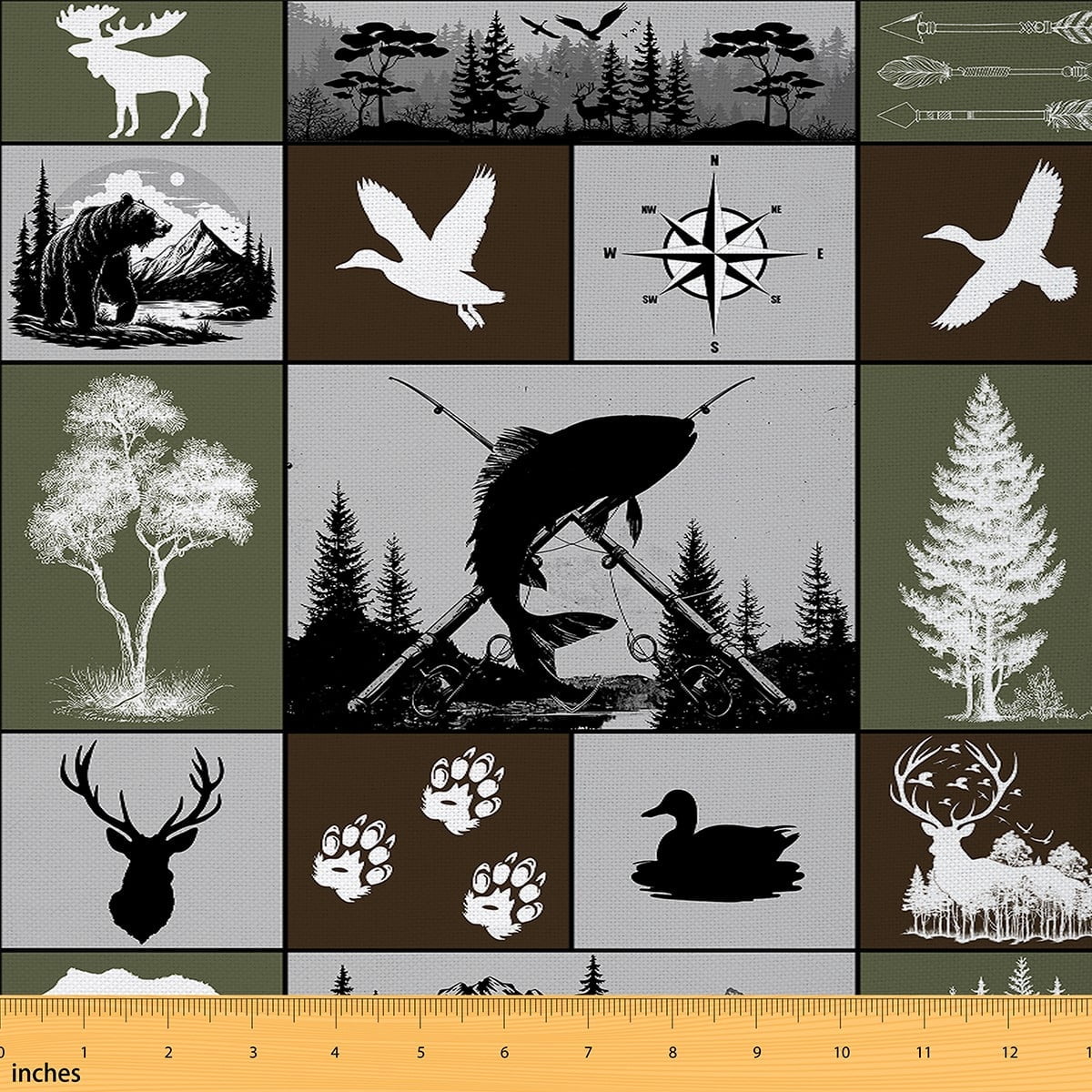 Manfei Hunting and Fishing Sewing & Crafting Fabric (3 Yards), Rustic Lodge Cabin Home Decor Fabric by the Yard, Pike Fish Mallard Duck Bear Elk DIY Fabric