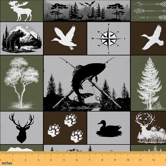 Manfei Hunting and Fishing Sewing & Crafting Fabric (3 Yards), Rustic Lodge Cabin Home Decor Fabric by the Yard, Pike Fish Mallard Duck Bear Elk DIY Fabric