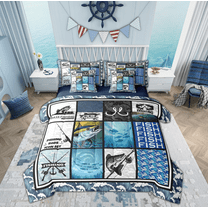 Manfei Hunting and Fishing Twin Bedding Sets 7-Piece for Kids, Rustic Pink Fish Bedding Comforter Set, Blue Patchwork Plaid Reversible Sheet Sets, Luxury Bedroom Decor