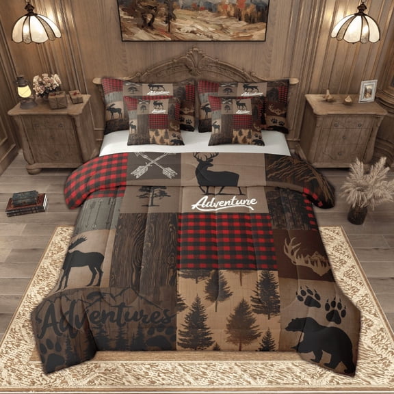 Manfei Hunting Moose Bear Bedding Comforter Set, Brown Black Rustic Plaid Full Bedding Set, Nature Adventure Theme Fitted Sheet Flat Sheet, Ultra Soft Home Decor Reversible 7 Pieces
