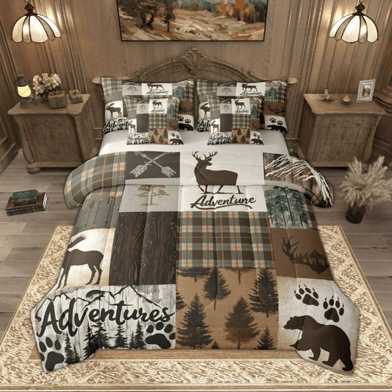 Manfei Hunting Moose Bear Bedding Comforter Set, Brown Green Rustic Plaid Full Bedding Set, Nature Adventure Theme Fitted Sheet Flat Sheet, Luxury Bedroom Decor Reversible 7 Pieces