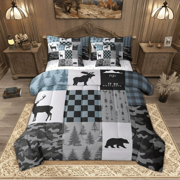 Manfei Hunting Moose Bear Bedding Comforter Set, Gray Black Blue Rustic Plaid King Bedding Sets, Nature Adventure Theme Bed Sheets, Luxury Bedroom Decor Reversible 7 Pieces