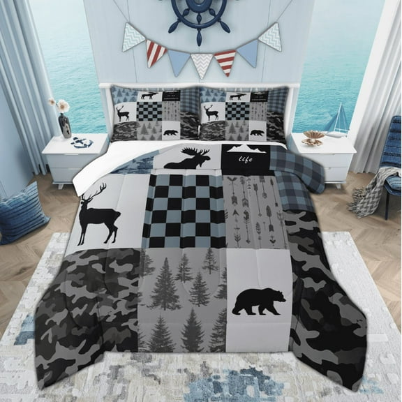 Manfei Hunting Moose Bear Bedding Comforter Set, Gray Black Blue Rustic Plaid Twin Comforter Sets, Nature Adventure Theme Bedding Set, Luxury Bedroom Decor