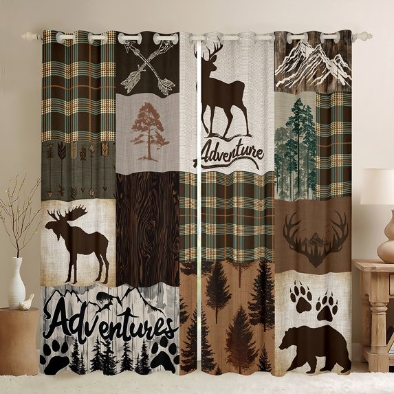 Manfei Hunting Moose Bear Black Out Curtains, Brown Green Rustic Plaid Curtains Pack of 2 (42x63 Each), Nature Adventure Theme Bedroom Curtains, Luxury Bedroom Decor