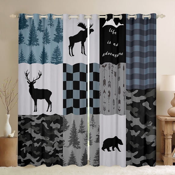 Manfei Hunting Moose Bear Black Out Curtains, Gray Black Blue Rustic Plaid Curtains Pack of 2 (42x63 Each), Nature Adventure Theme Bedroom Curtains, Luxury Bedroom Decor
