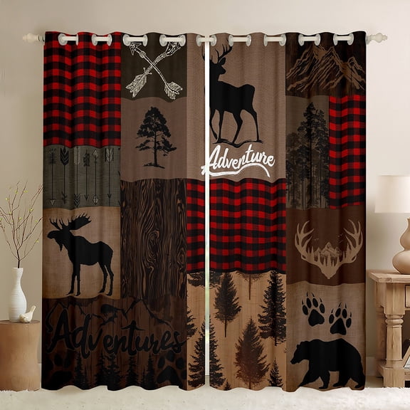 Manfei Hunting Moose Bear Blackout Curtains Set of 2 (52x84 Each), Brown Black Rustic Plaid Window Curtains, Nature Adventure Theme Curtains and Drapes, Luxury Home Decor