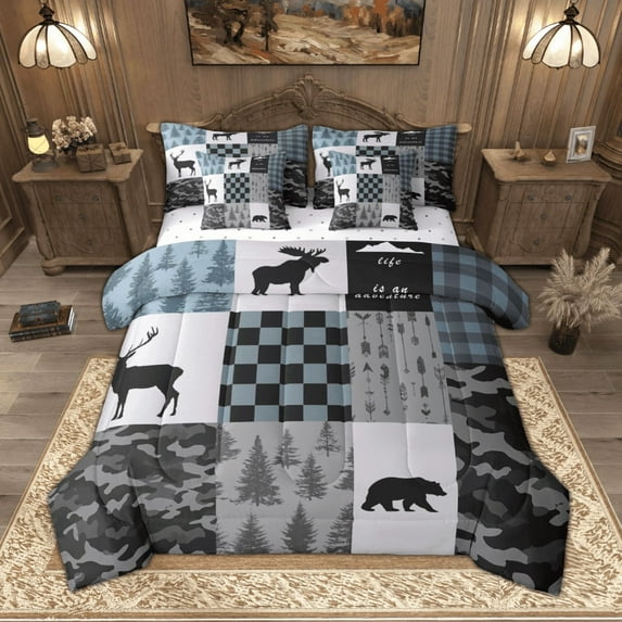 Manfei Hunting Moose Bear Twin Bedding Sets, Gray Black Blue Rustic Plaid Bedding Comforter Set, Nature Adventure Theme Sheet Sets, Luxury Bedroom Decor Reversible 7 Pieces