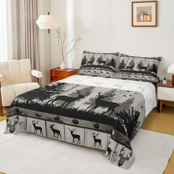 Manfei Hunting Moose Twin Sheet Sets 3pcs, Gray Farmhouse Barn Door Twin Fitted Sheet, Woodland Wildlife Animal Flat Sheet, Ultra Soft Home Decor