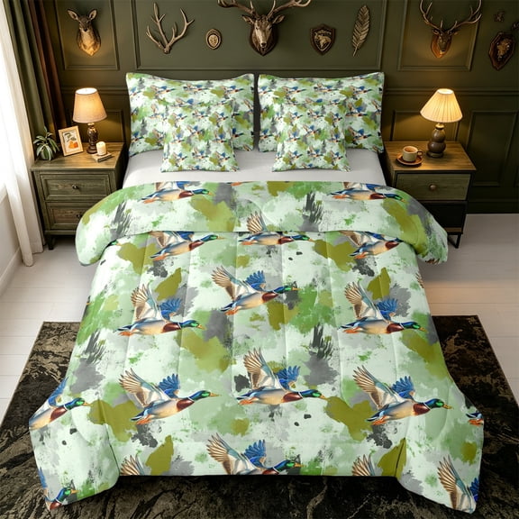 Manfei Hunting Themed Duck 7-Piece Twin Bedding,Rustic Mallard Bedding Comforter Set,Light Gray Reversible