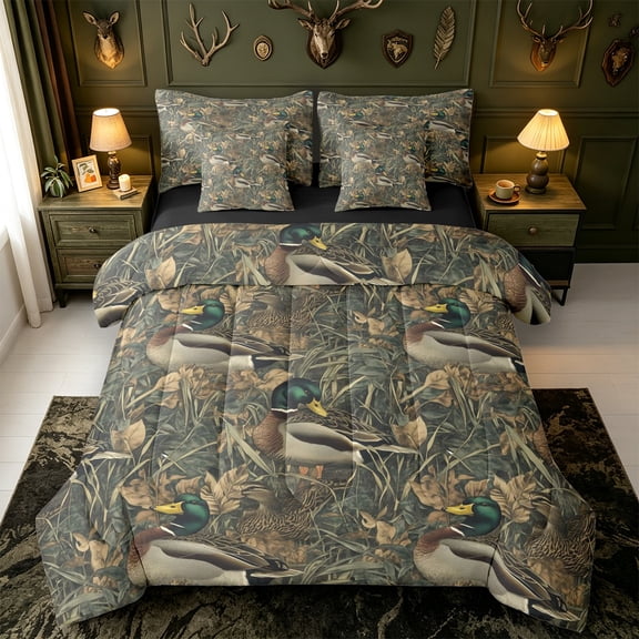 Manfei Hunting Themed Duck 7 Pieces Full Size Bedding Sets,Rustic Bird Full Size Bed in a Bag,Black Reversible