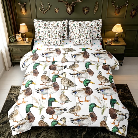 Manfei Hunting Themed Duck 7 Pieces Full Size Bedding Sets,Rustic Cabin Full Size Bed in a Bag,Polkadot Reversible
