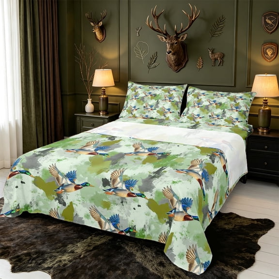 Manfei Hunting Themed Duck Bed Sheets,Rustic Mallard Full Size Sheets,4 Pieces,1 Flat Sheet,1 Fitted Sheet and 2 Pillowcases