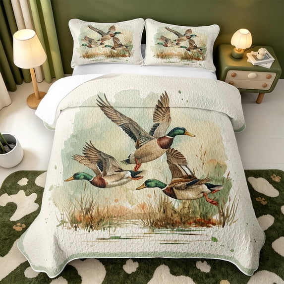 Manfei Hunting Themed Duck Bed Spread Queen,Farmhouse Mallard Queen Coverlet Set,3pcs,1 Quilt and 2 Pillowcases