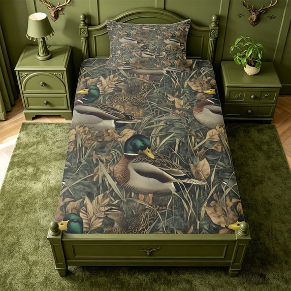 Manfei Hunting Themed Duck Fitted Sheet Full,Rustic Bird Bed Set,3-Piece,1 Fitted Sheet and 2 Pillowcases