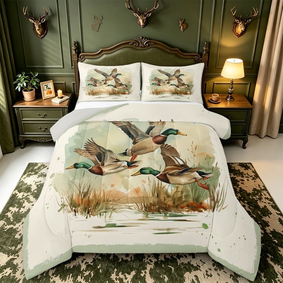 Manfei Hunting Themed Duck Full Size Comforter Sets,Farmhouse Mallard Bedding Comforter Set,Light Gray Reversible,3 Pieces,1 Comforter and 2 Pillowcases