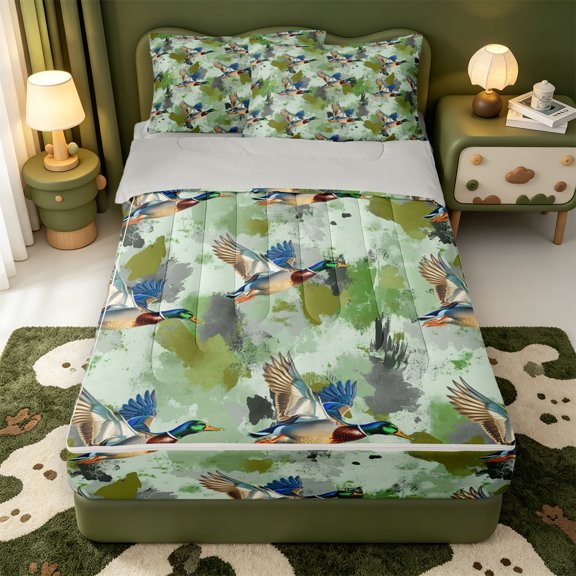 Manfei Hunting Themed Duck Zipper Twin Comforter Sets with Fitted Sheet and 2 Pillowcases,Rustic Mallard Zipper Bedding Set,Light Gray Reversible,4-Piece