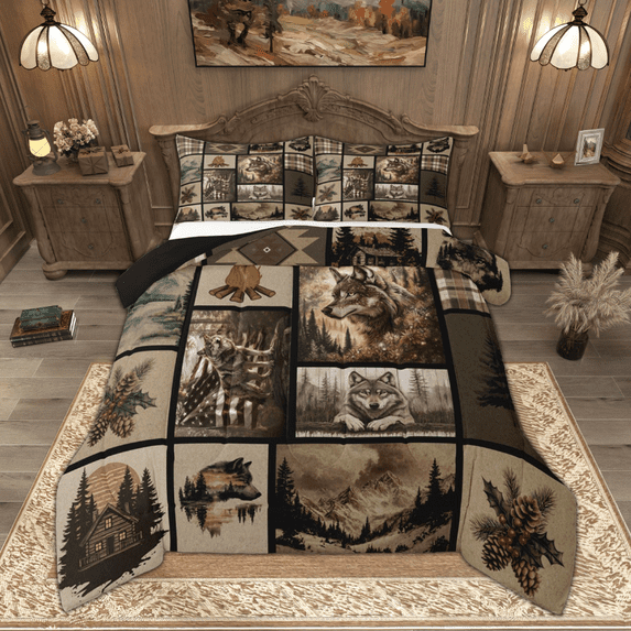 Manfei Hunting Wolf Animal Full Size Comforter Sets, Rustic Farmhouse Bedding Comforter Set, Brown Plaid Bedding Sets, Super Cozy Room Decor Reversible 3pcs