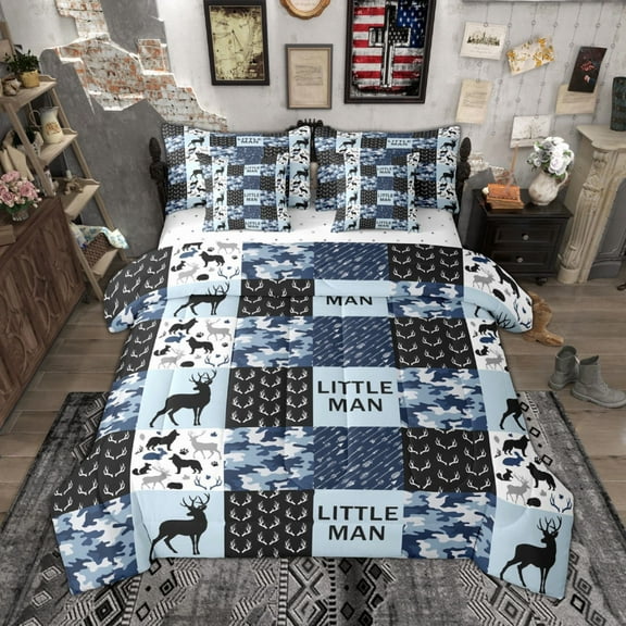 Manfei Hunting Wolf Deer Bedding Comforter Set 7pcs, Blue Camouflage Plaid Full Bedding Set, Rustic Farmhouse Fitted Sheet Flat Sheet, Super Cozy Room Decor