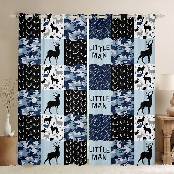 Manfei Hunting Wolf Deer Black Out Curtains, Blue Camouflage Plaid Curtains Pack of 2 (42x63 Each), Rustic Farmhouse Bedroom Curtains, Luxurious Room Decor