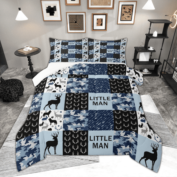 Manfei Hunting Wolf Deer Queen Comforter Set, Blue Camouflage Plaid Bedding Sets, Rustic Farmhouse Bedding Comforter Set, Super Cozy Room Decor 3 Pieces