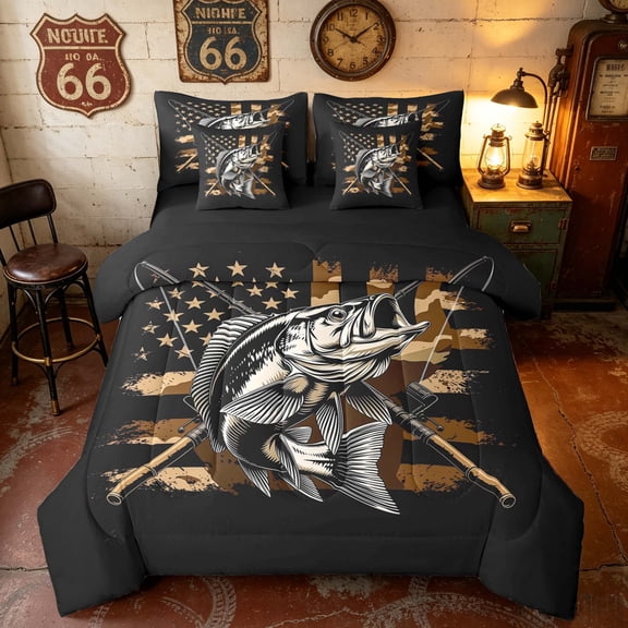 Manfei Hunting and Fishing Bass Fish Twin Bedding, Vintage USA Flag Bedding Comforter Set, Black Brown Beige, Black Reversible 7-Piece