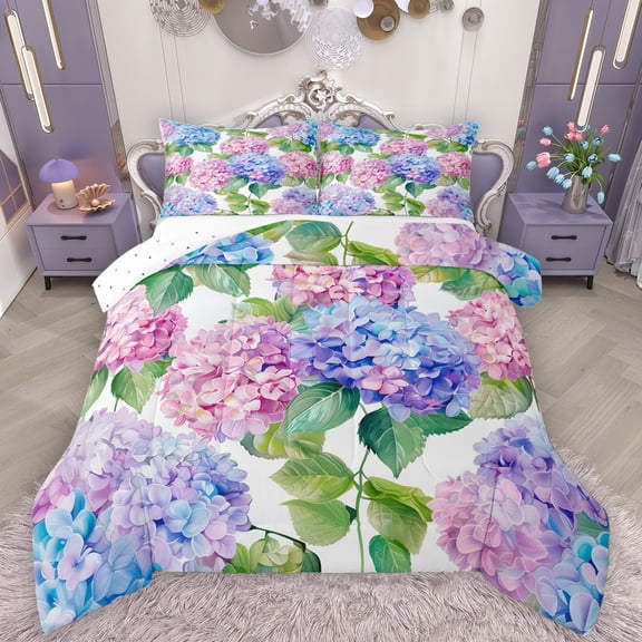Manfei Hydrangea Queen Comforter Set,Rustic Flower Floral Bedding Sets,Pink Purple Blue Ombre Bedding Comforter Set For Girls,Ultra Soft Home Decor Reversible,3pcs