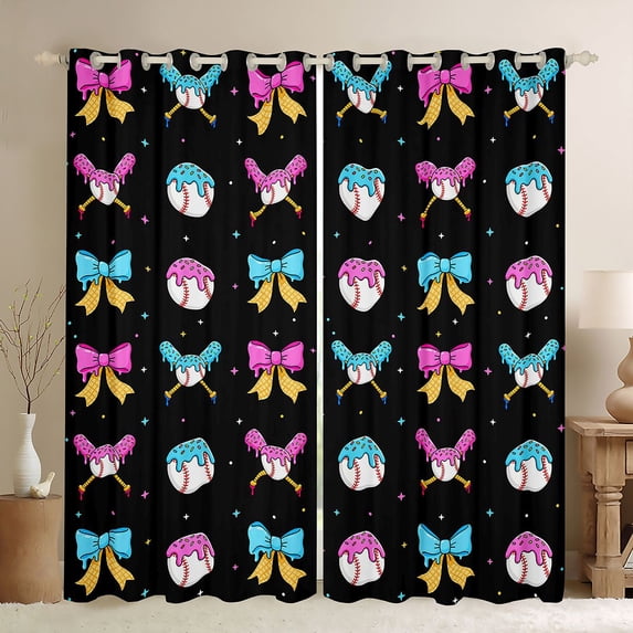 Manfei Ice Cream Baseball Blackout Curtains Set of 2 (52x84 Each) for Boys Girls,Kids Teens Blue Pink Bow Window Curtains,Luxury Bedroom Decor