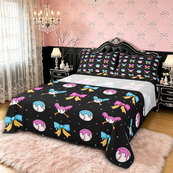 Manfei Ice Cream Baseball Full Size Sheets 4-Piece for Boys Girls,Kids Teens Blue Pink Bow Bed Sheets,Luxury Bedroom Decor