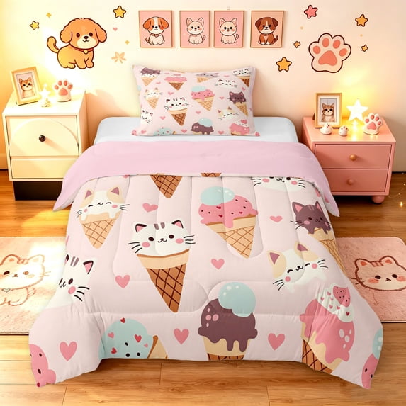 Manfei Ice Cream Cat Twin Comforter Sets, Cartoon Love Heart Bedding Set, Pink, Pink Reversible, 2pcs, 1 Comforter and 1 Pillowcase