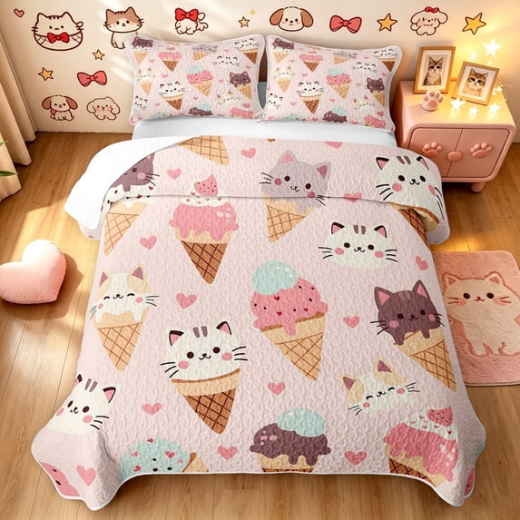 Manfei Ice Cream Cat Twin Quilt Set, Cartoon Love Heart Twin Coverlet Set, Pink, 2pcs, 1 Bedspread and 1 Pillowcase