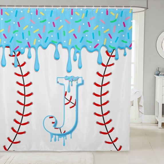 Manfei Ice Cream Drip Baseball Shower Curtain 72Wx72L, Cute Letter JBathroom Curtain, Light Blue J
