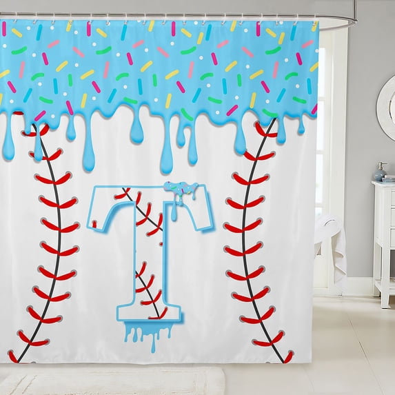 Manfei Ice Cream Drip Baseball Shower Curtain 72Wx78L, Cute Monogrammed TBath Curtain, Light Blue T