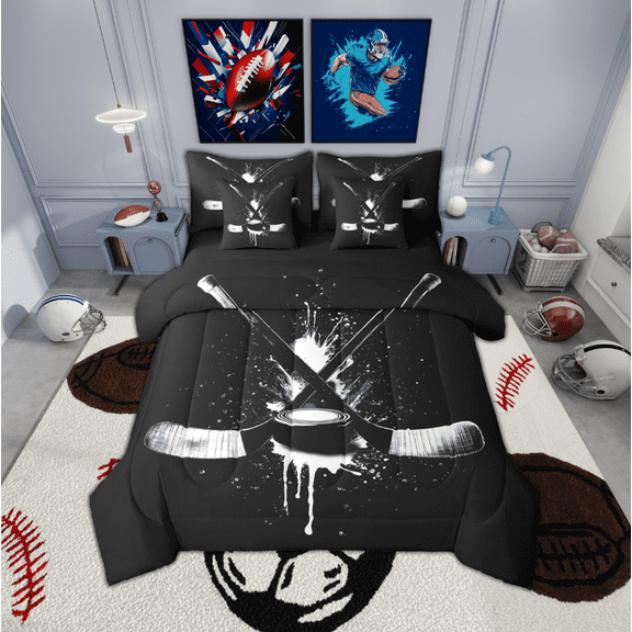 Manfei Ice Hockey 7-Piece Bedding Comforter Set,Kids Game Gaming King Bedding Sets,Kids Hockey Bed Sheets For Teens,Breathable Bedroom Decoration Reversible