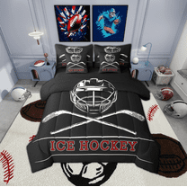 Manfei Ice Hockey 7-Piece Twin Bedding Sets,Kids Game Gaming Bedding Comforter Set,Hockey Helmet Sheet Sets For Teens,Breathable Bedroom Decoration Reversible
