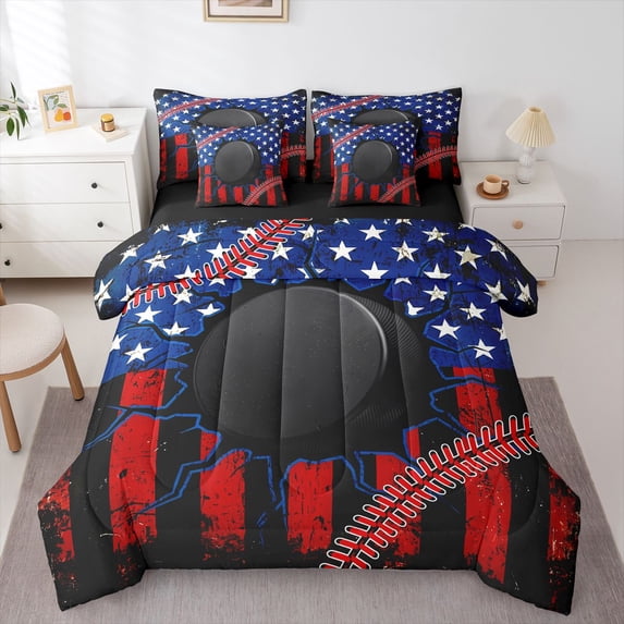 Manfei Ice Hockey 7pcs Queen Bedding,Sports Themed Bedding Comforter Set Queen,American Flag Decor,Black Reversible