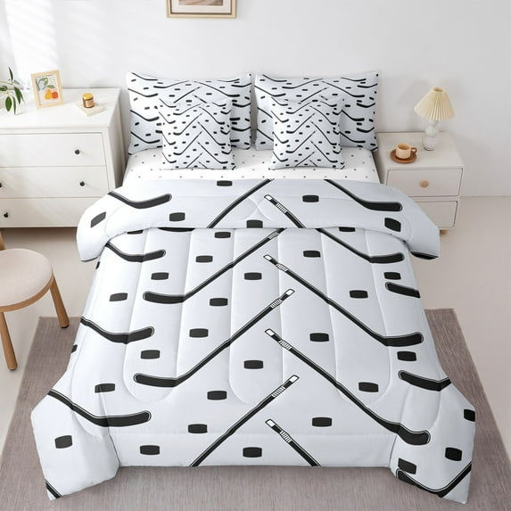 Manfei Ice Hockey Bedding Comforter Set 7-Piece for Kids, American Sports King Bedding Sets, Cartoon Sport Theme Reversible Bed Sheets, Luxury Bedroom Decor