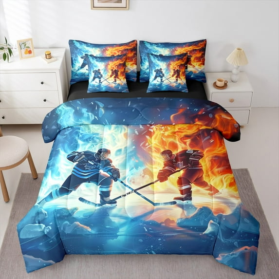 Manfei Ice Hockey Bedding Comforter Set 7 Pieces for Child, Modern Sports Lover Full Bedding Set, Blue Orange Reversible Fitted Sheet Flat Sheet, Lightweight Room Decor