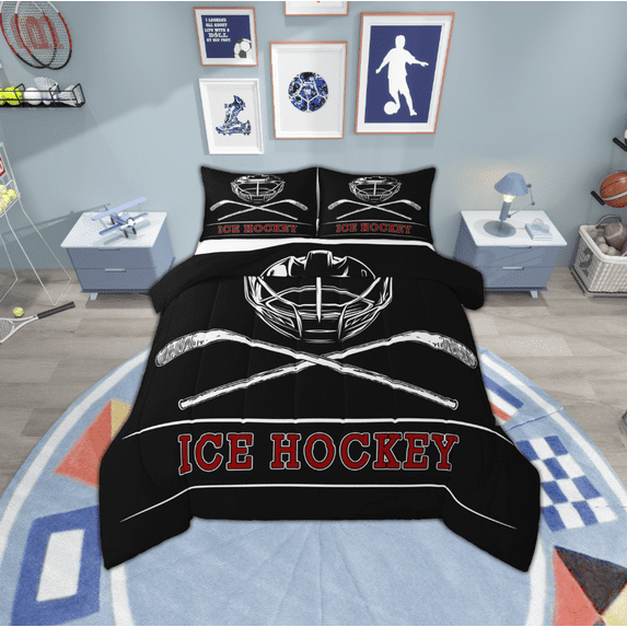 Manfei Ice Hockey Bedding Comforter Set,Kids Game Gaming Twin Comforter Sets,Hockey Helmet Bedding Set For Teens,Breathable Bedroom Decoration Reversible,2pcs