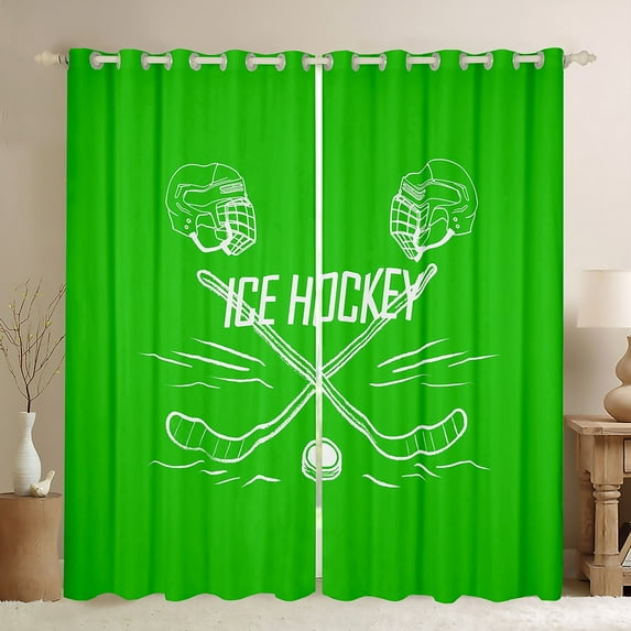 Manfei Ice Hockey Blackout Curtains Set of 2 (52x84 Each),Sport Game Gamer Window Curtains,Green White Curtains and Drapes For Teens,Ultra Soft Home Decor