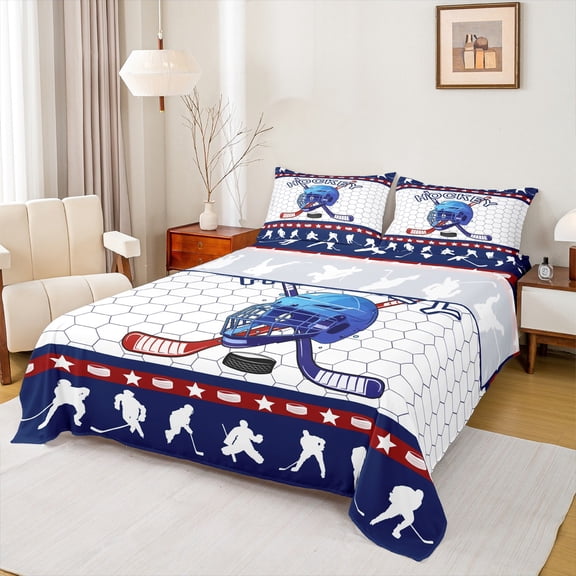 Manfei Ice Hockey Boy Queen Sheet Sets 4-Piece, Teens Sports Theme Flat Sheet, Geometric Honeycomb Queen Fitted Sheet, Ultra Soft Room Decor