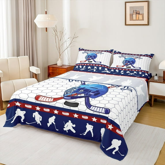 Manfei Ice Hockey Boy Twin Sheet Sets 3 Pieces, Teens Sports Theme Twin Fitted Sheet, Geometric Honeycomb Flat Sheet, Ultra Soft Room Decor